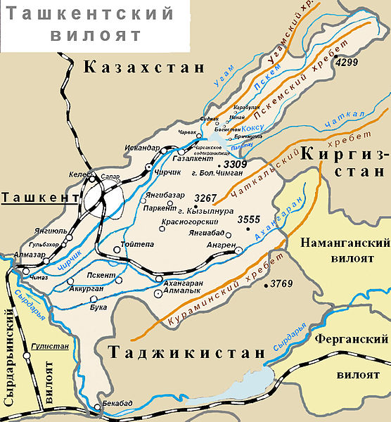 Угам на карте Ташкентского вилоята