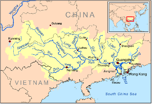 Бассейн реки Чжуцзян. Река Бэйцзян течёт с севера, от Шаогуаня к Гуанчжоу